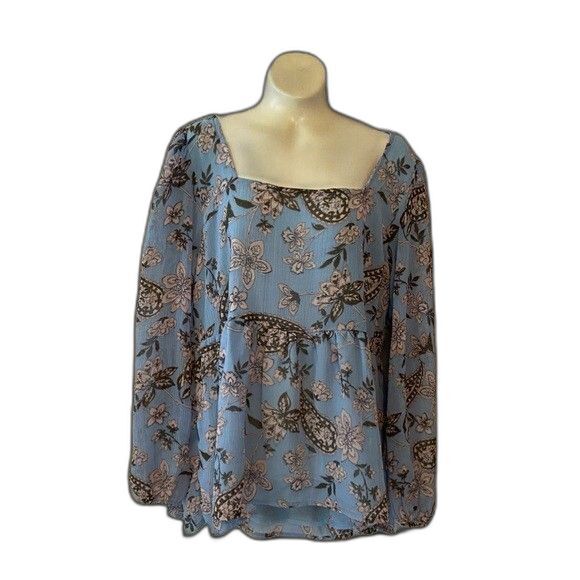 NWT American Eagle Blue Floral Paisley Square Neck Boho Bow Tie back Top Size M - Picture 1 of 4